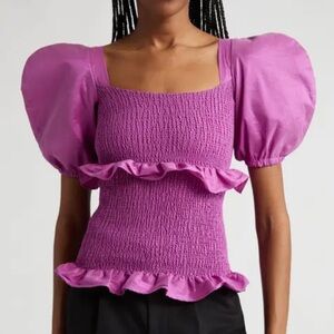 ORIRE Nama Smocked Puff Sleeve Top in Orchid Pink New